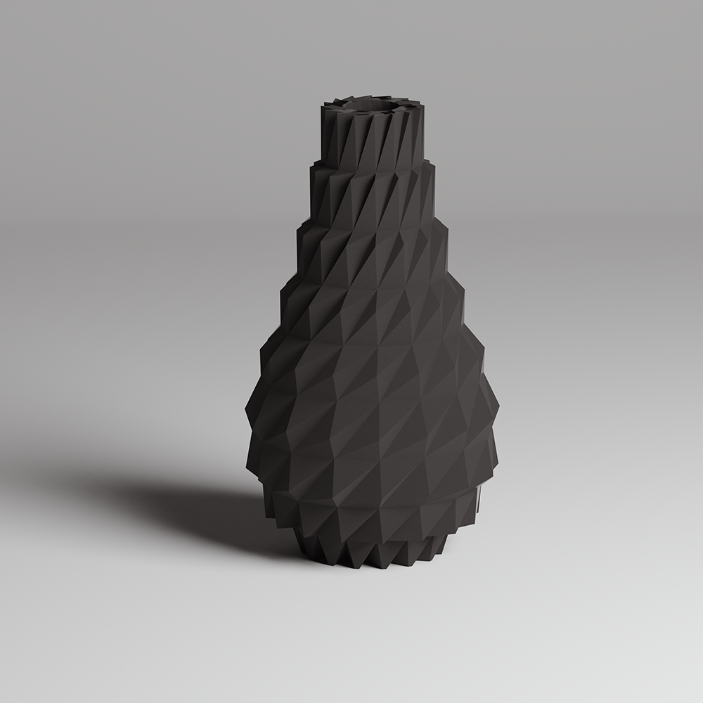 Black geometric vase on a gray background