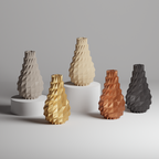 Five geometrically textured vases in different colors on a gray background