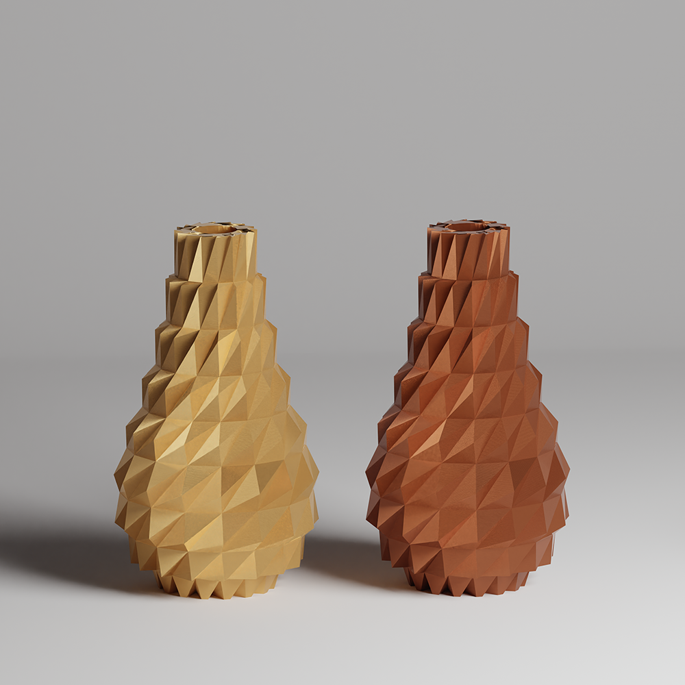 Two geometrically patterned vases, one gold and one brown, on a gray background.