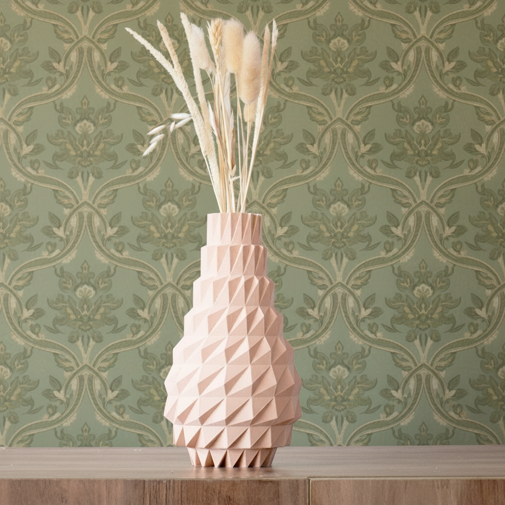 Geometric vase with dried plants on a light blue background