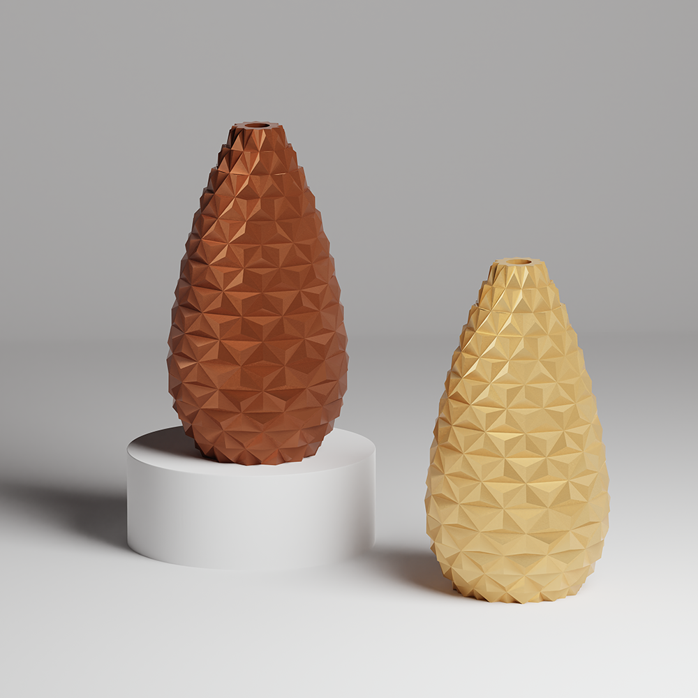 Two geometric-patterned vases, one brown and one beige, on a gray background.