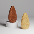 Two geometric-patterned vases, one brown and one beige, on a gray background.