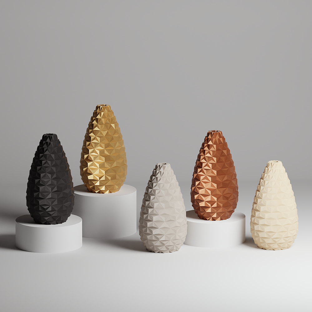 Five geometrically textured vases in black, gold, white, bronze, and beige on a gray background.
