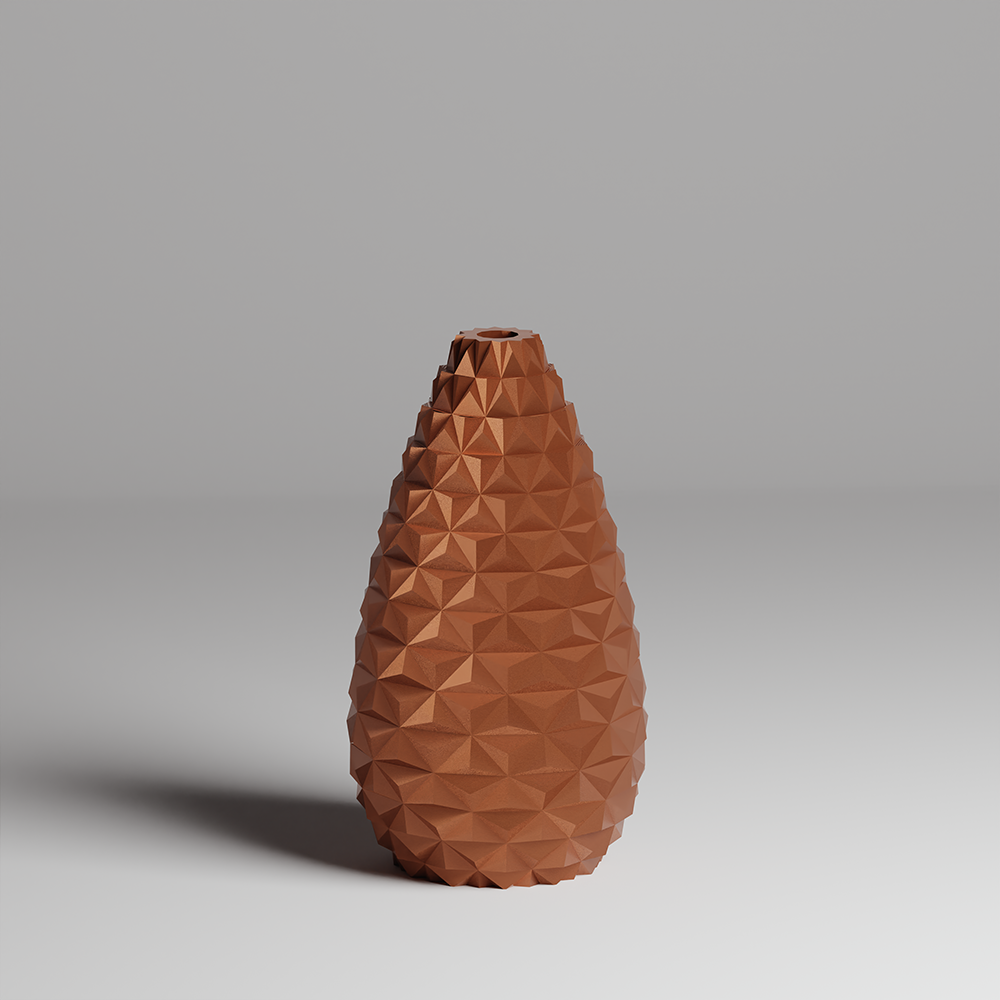 Brown geometric-patterned vase on a gray background