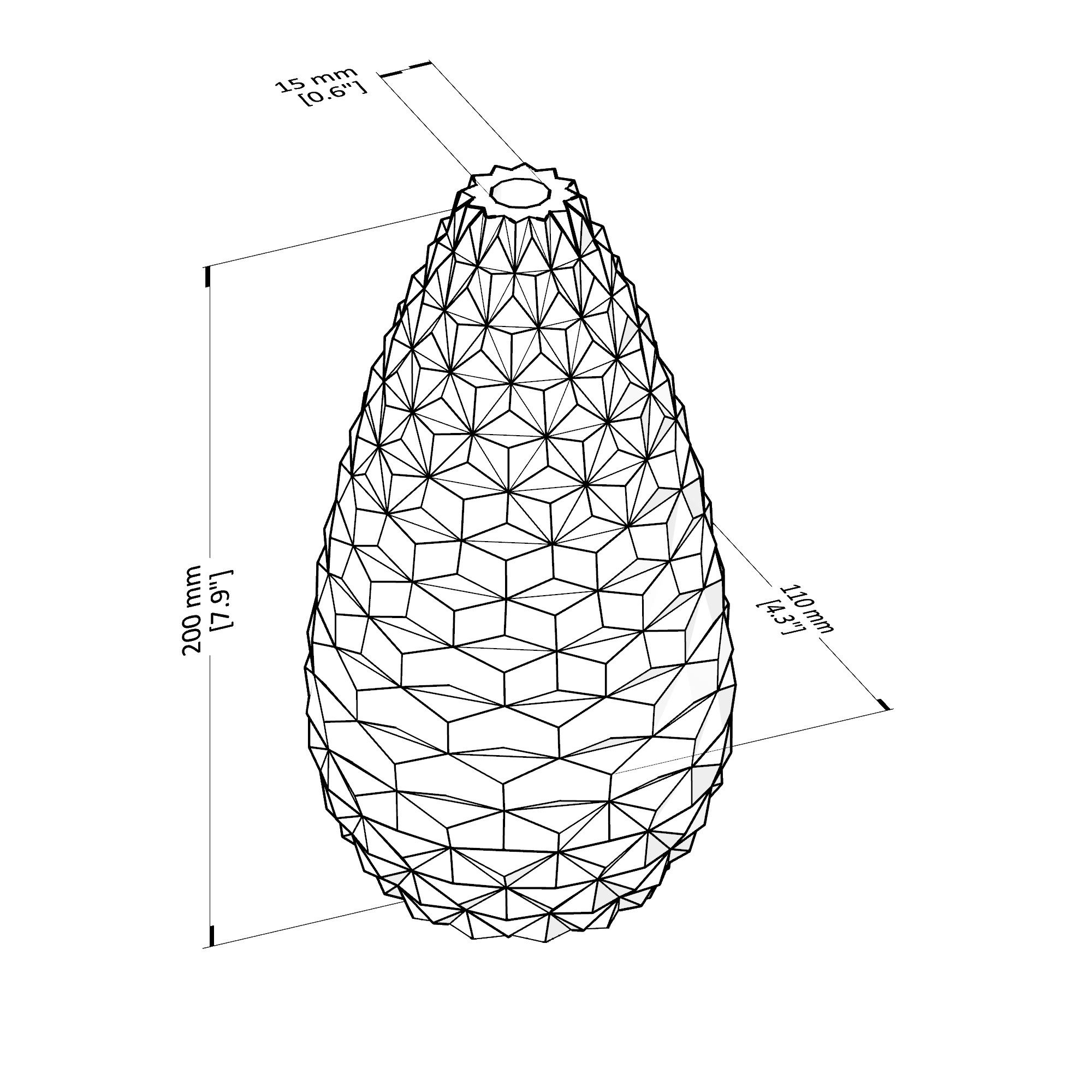 Geometric wireframe of a teardrop-shaped object with dimensions on a white background