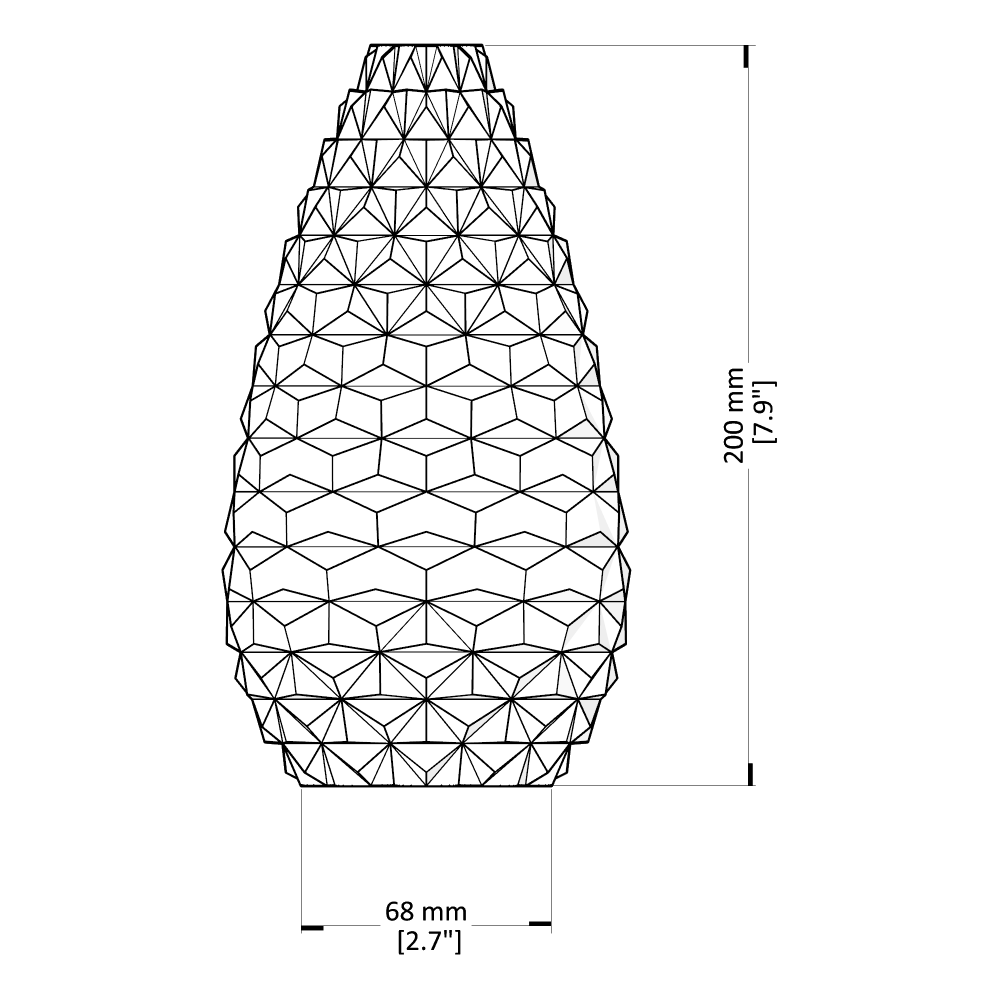 Geometrically patterned vase with dimensions on a white background