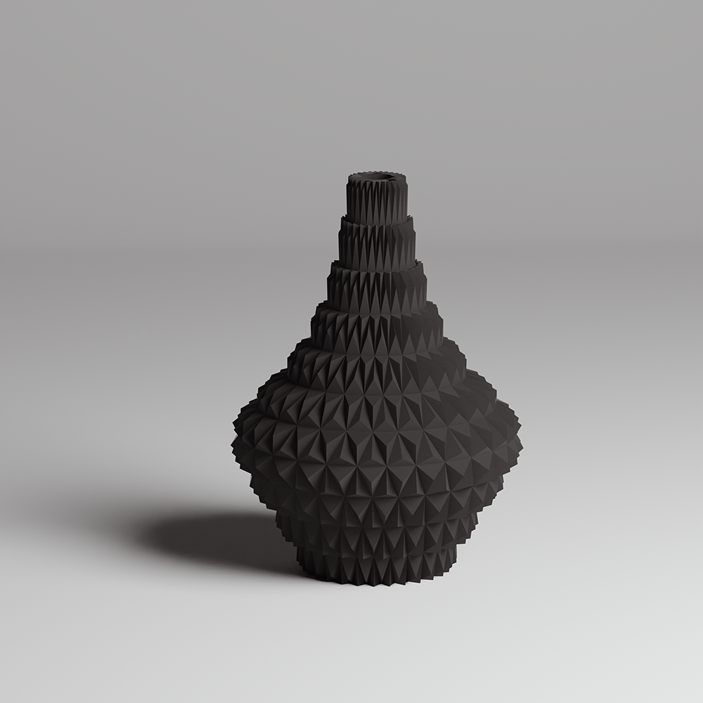Black textured vase on a gray background