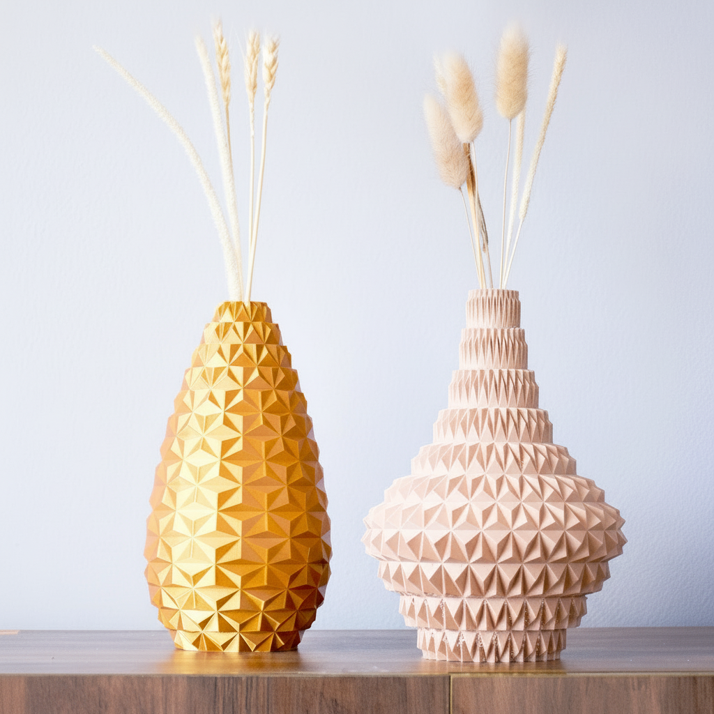 Two geometric-patterned vases with dried plants on a light blue background