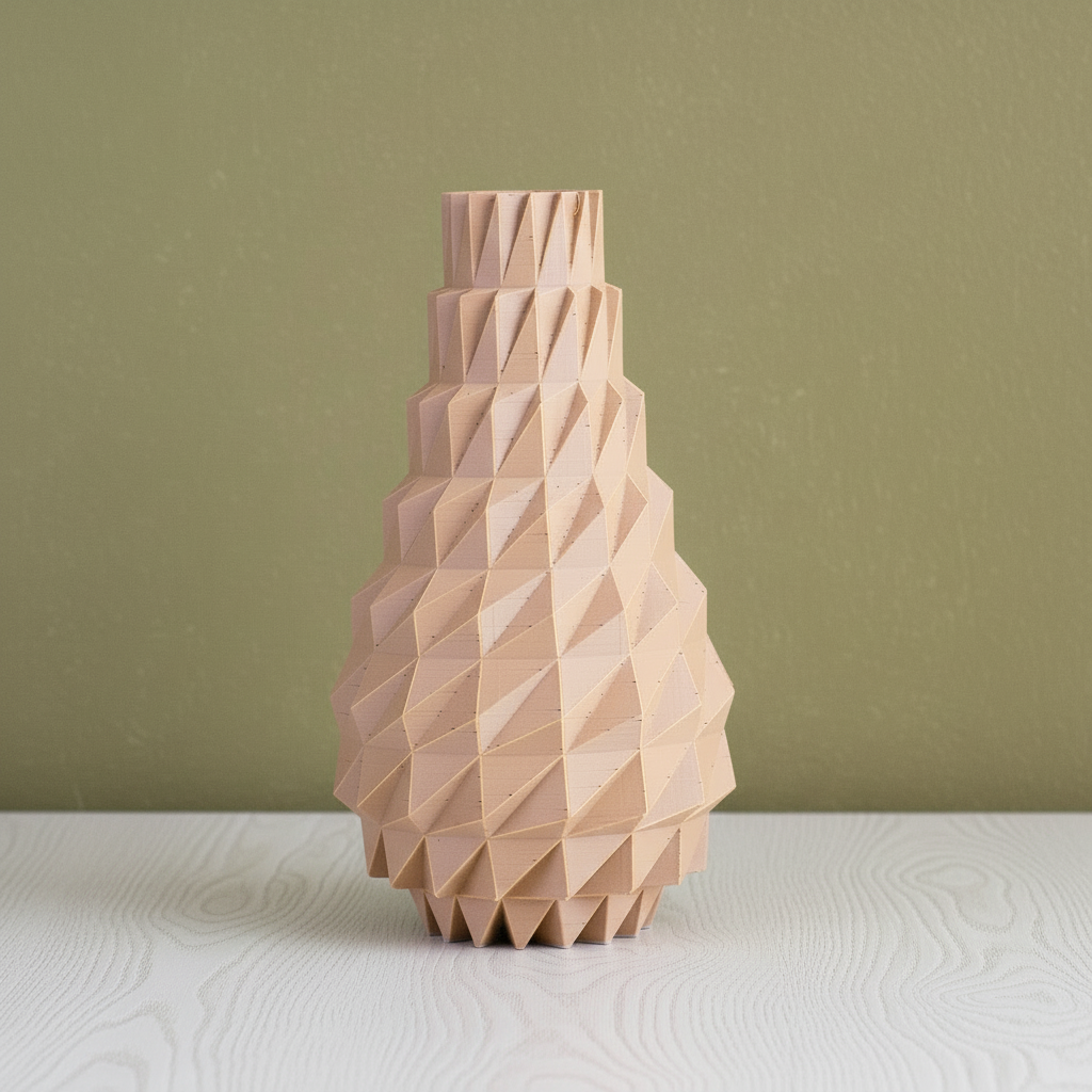 Geometric wooden vase on a light blue background