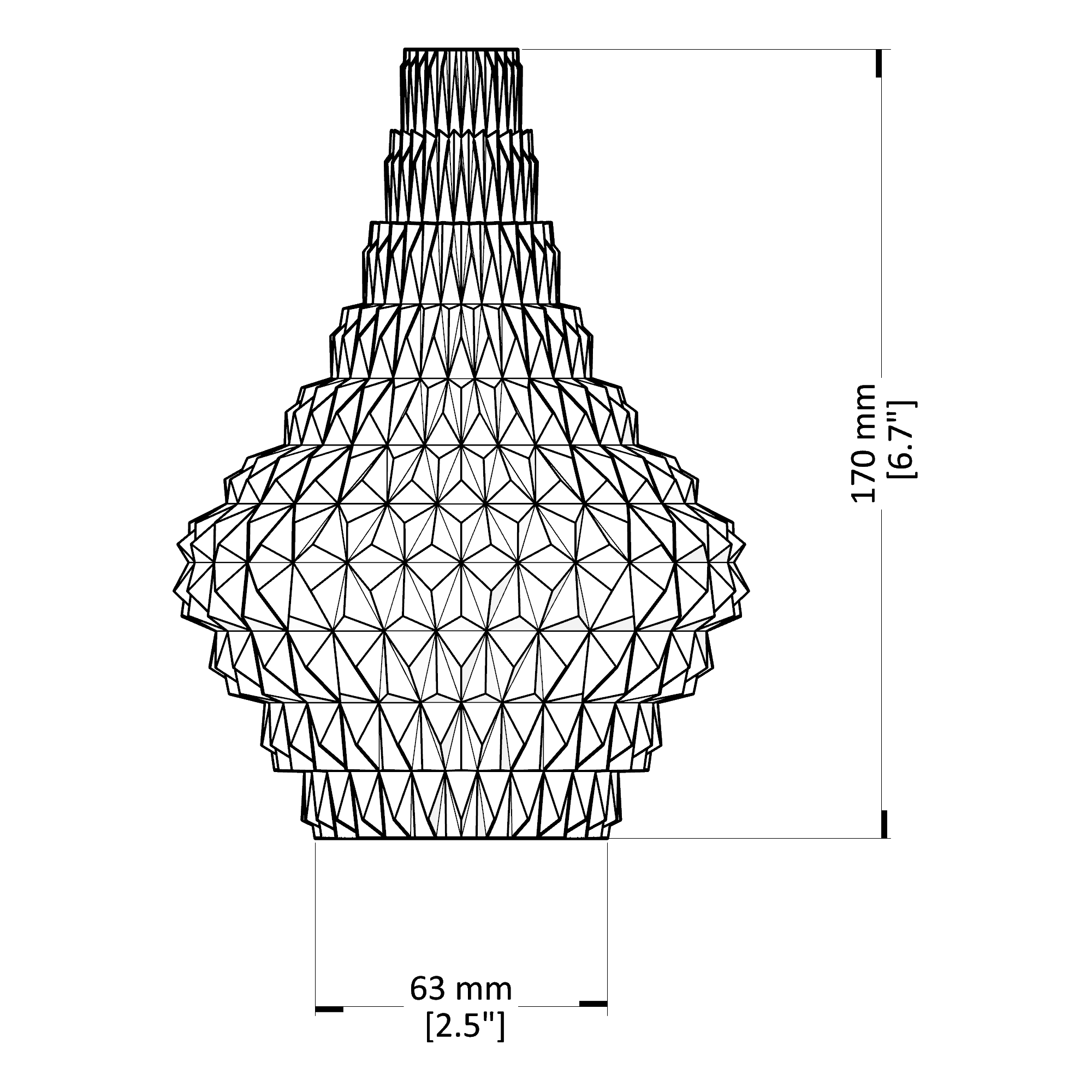 Technical drawing of a geometric pendant light with dimensions