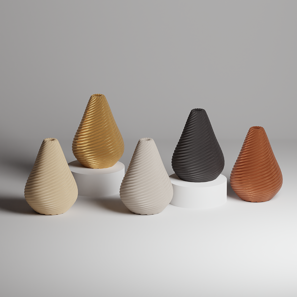 Five textured ceramic vases in various colors on a neutral background