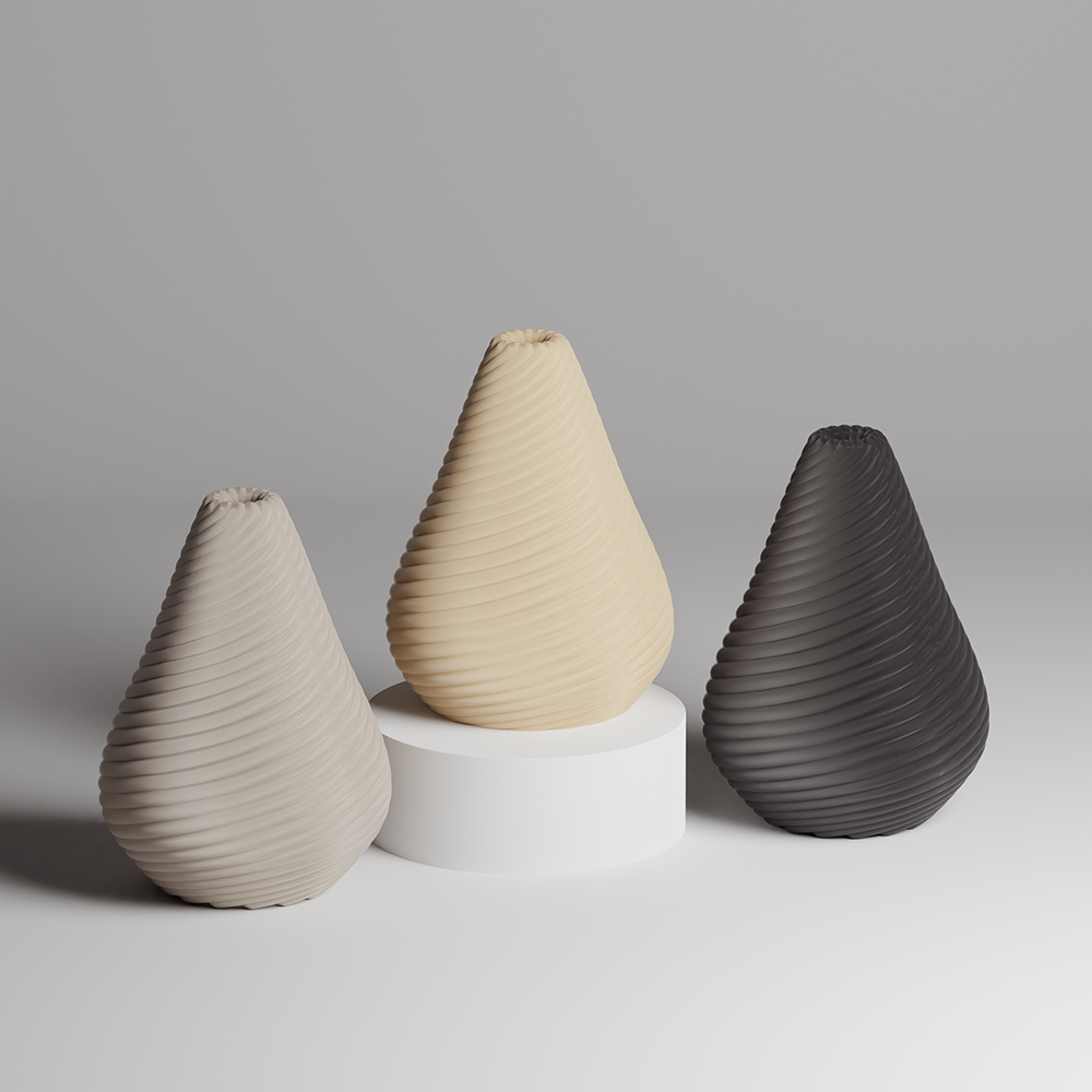 Three teardrop-shaped ceramic vases in beige, brown, and gray on a light gray background.