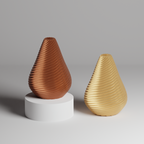 Two teardrop-shaped vases, one brown and one gold, on a gray background.