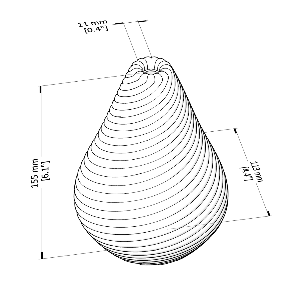 Technical drawing of a pear-shaped object with dimensions