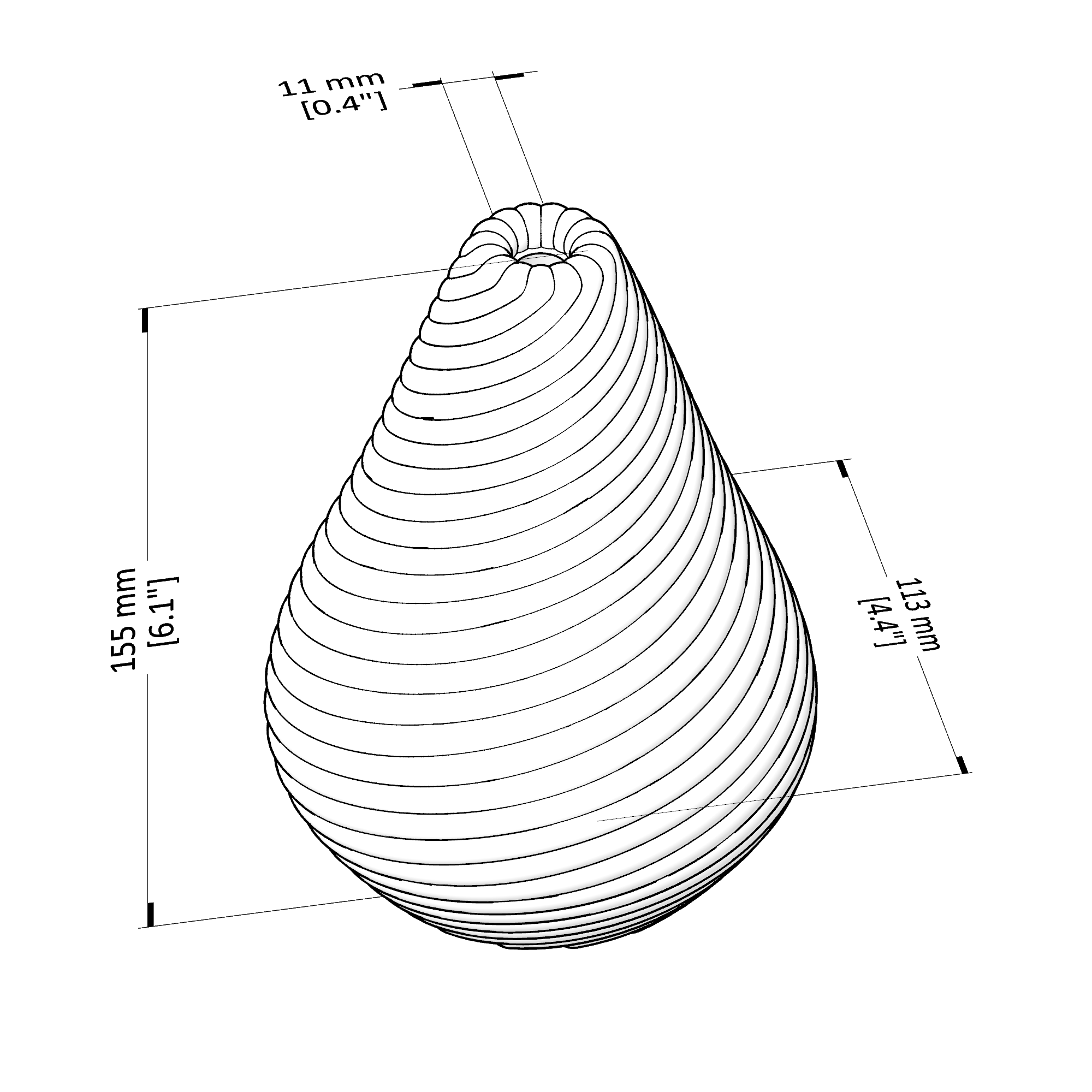 Technical drawing of a pear-shaped object with dimensions