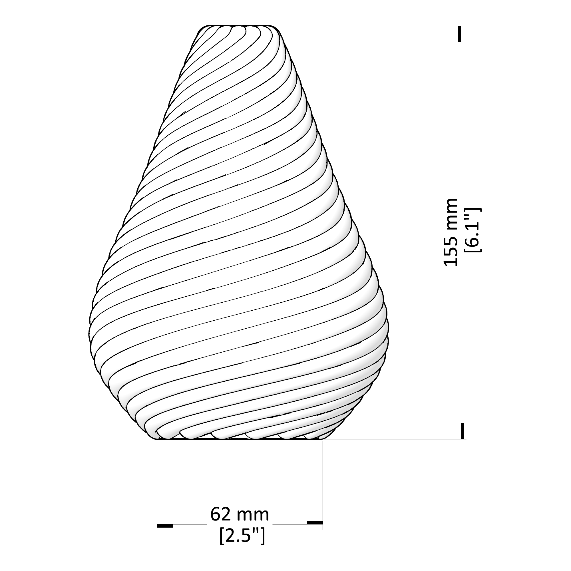 Technical drawing of a teardrop-shaped object with dimensions