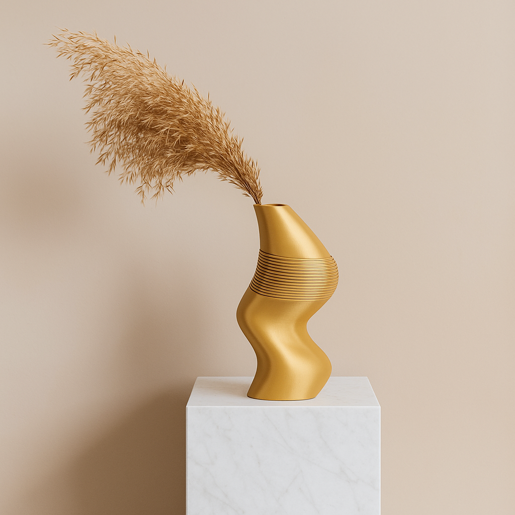 Gold decorative vase with wavy design on a white pedestal against a beige background
