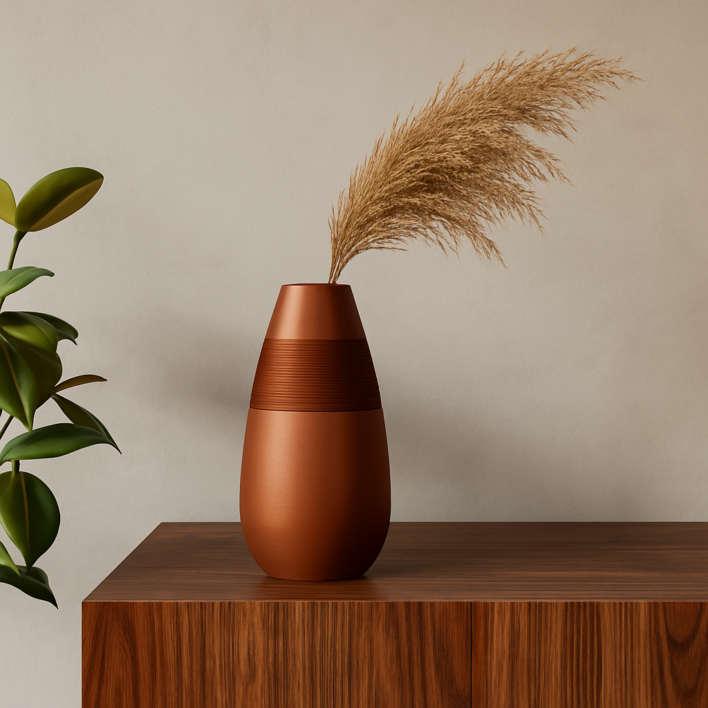 Brown vase with dried pampas grass on a wooden surface against a beige wall
