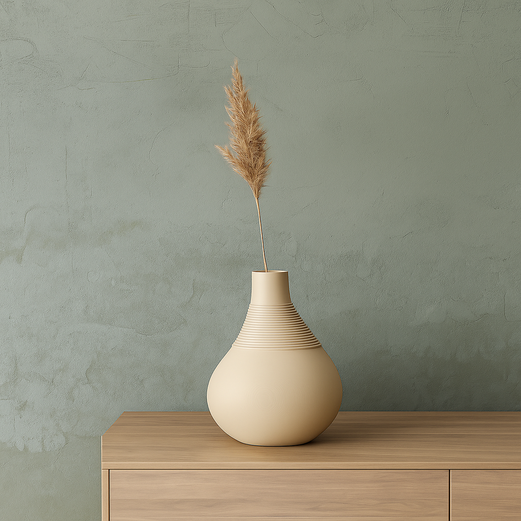 Beige vase with dried pampas grass on a wooden surface against a green wall