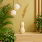 Beige vase with dried plant on a wooden shelf against a yellow wall with plants and lights.