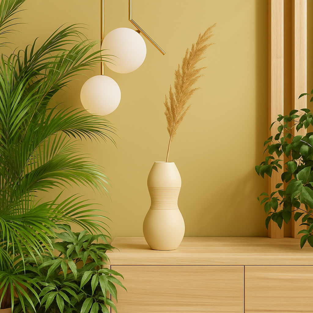 Beige vase with dried plant on a wooden shelf against a yellow wall with plants and lights.