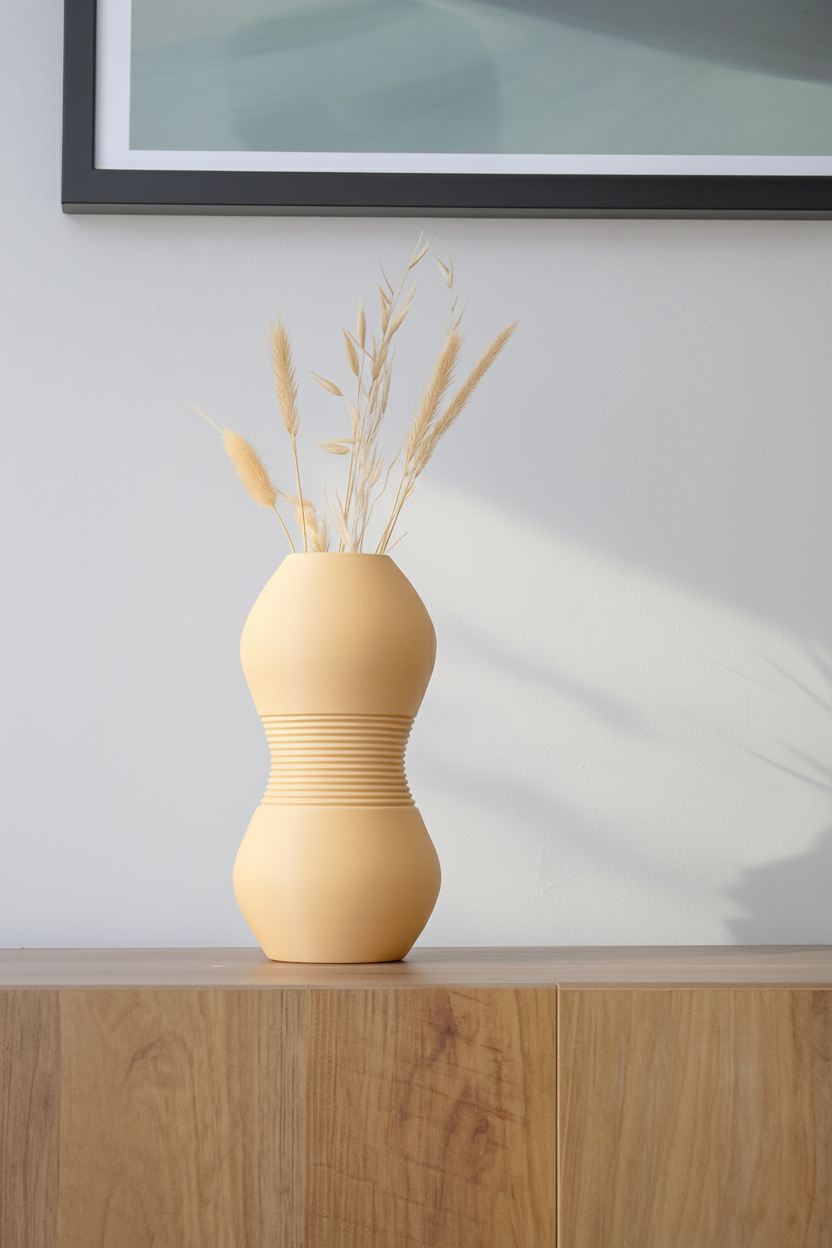 Beige vase with dried plants on a wooden surface against a light gray wall.