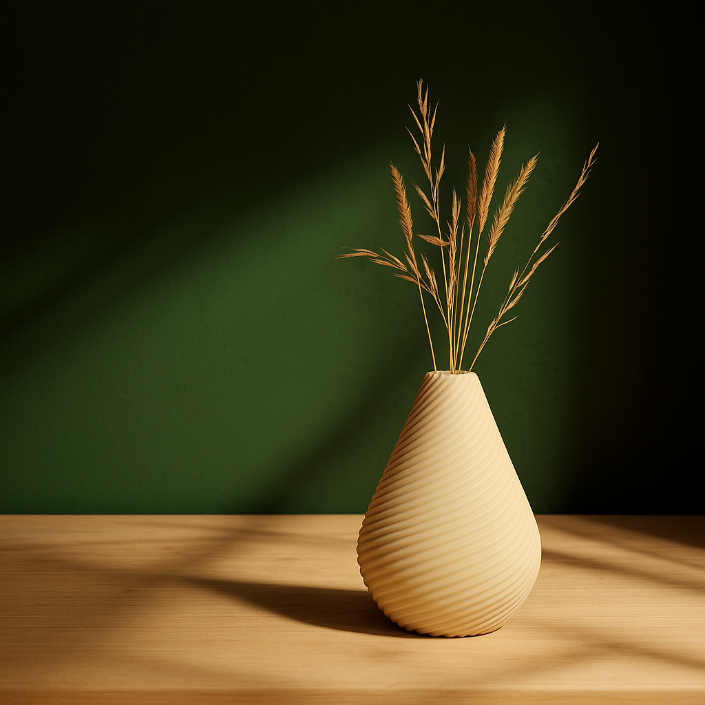 Beige textured vase with dried grasses on a wooden surface against a dark green background