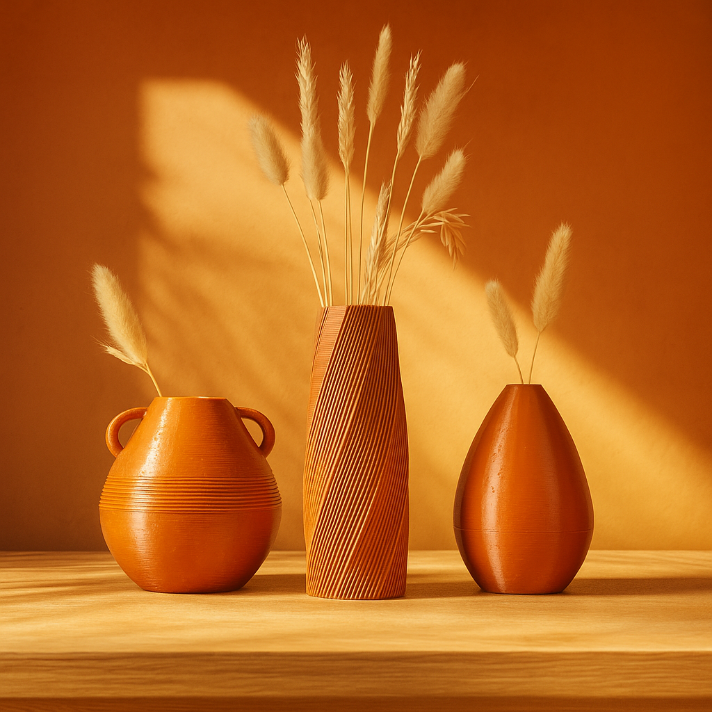 Three 3d printed vases with dried plants against an orange wall