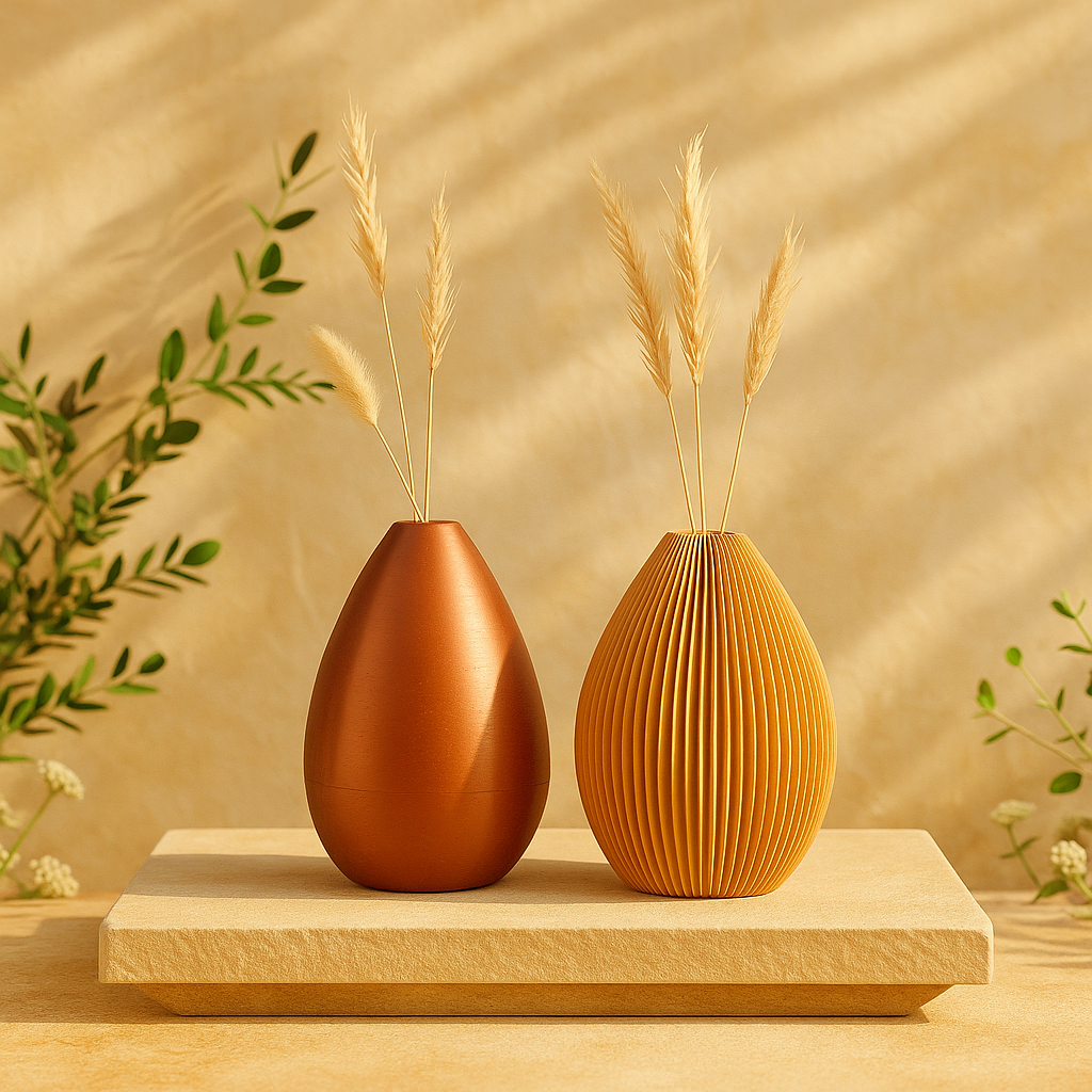 Two decorative vases with dried plants on a wooden platform against a beige wall.
