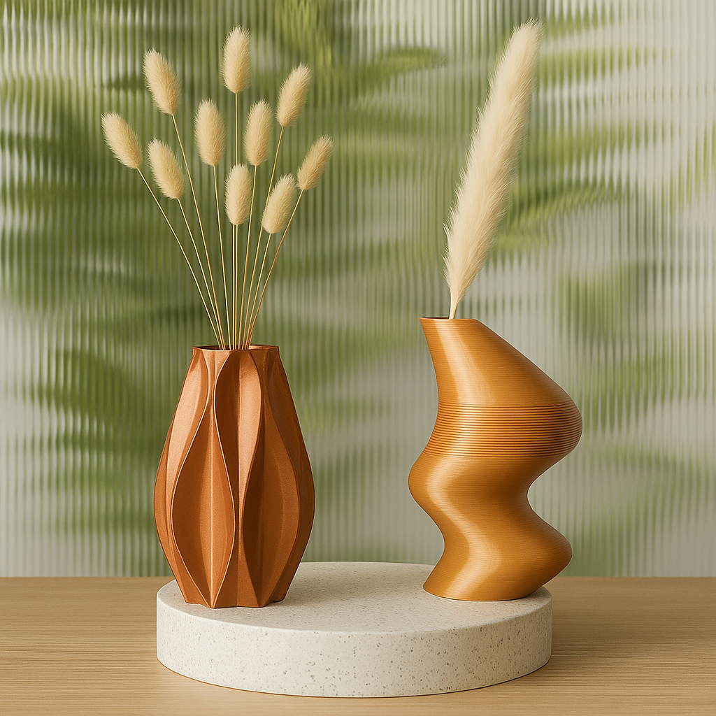 Two brown vases with dried plants on a wooden surface and green leafy background