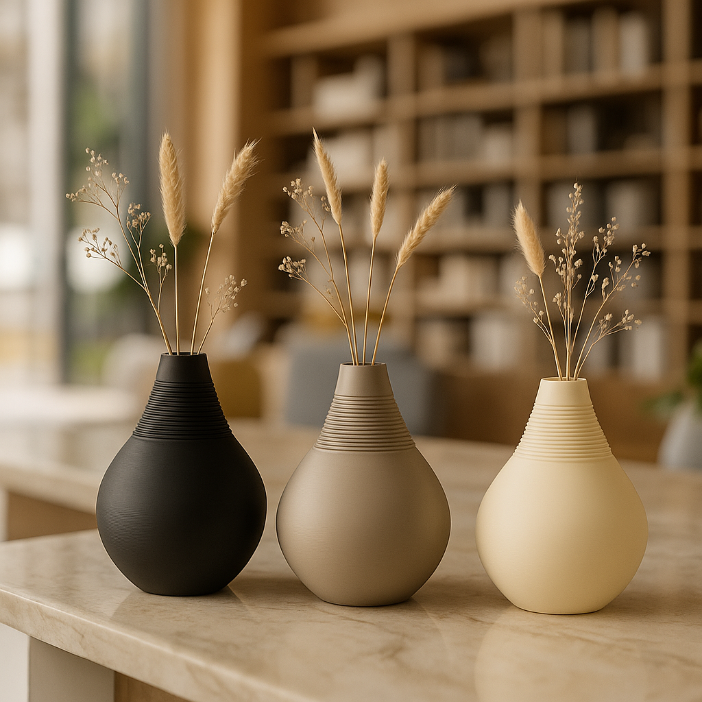 Three ceramic vases with dried plants on a wooden table, blurred bookshelf in the background