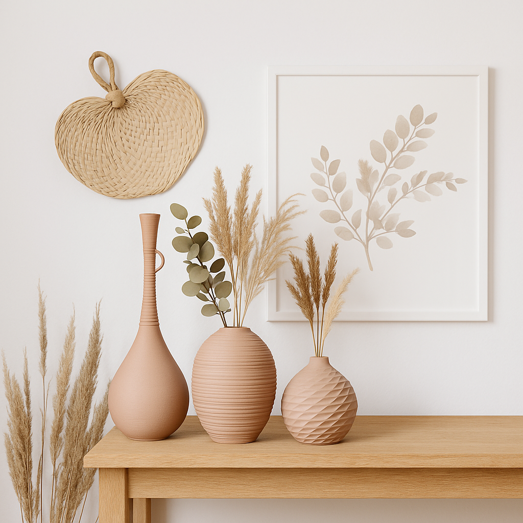 Three terracotta vases with plants on a wooden table, wall art, and woven heart decoration.