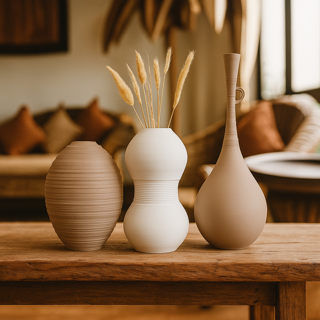 Three 3d print vases on a wooden table with a blurred indoor setting