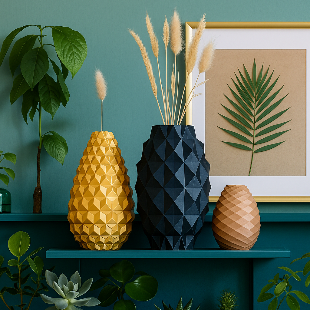 Geometric vases on a shelf with a framed plant print against a teal wall.