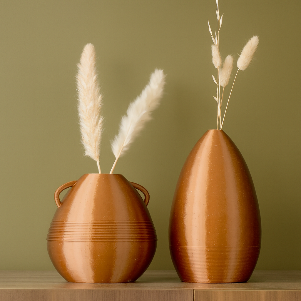 Two brown vases with dried plants on a wooden surface and green background