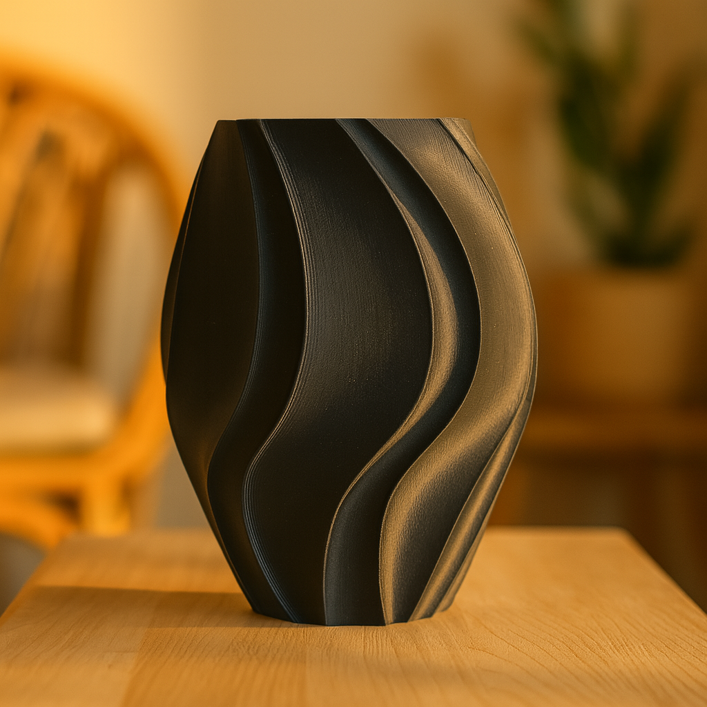 Decorative black wavy vase on a wooden surface with a blurred background