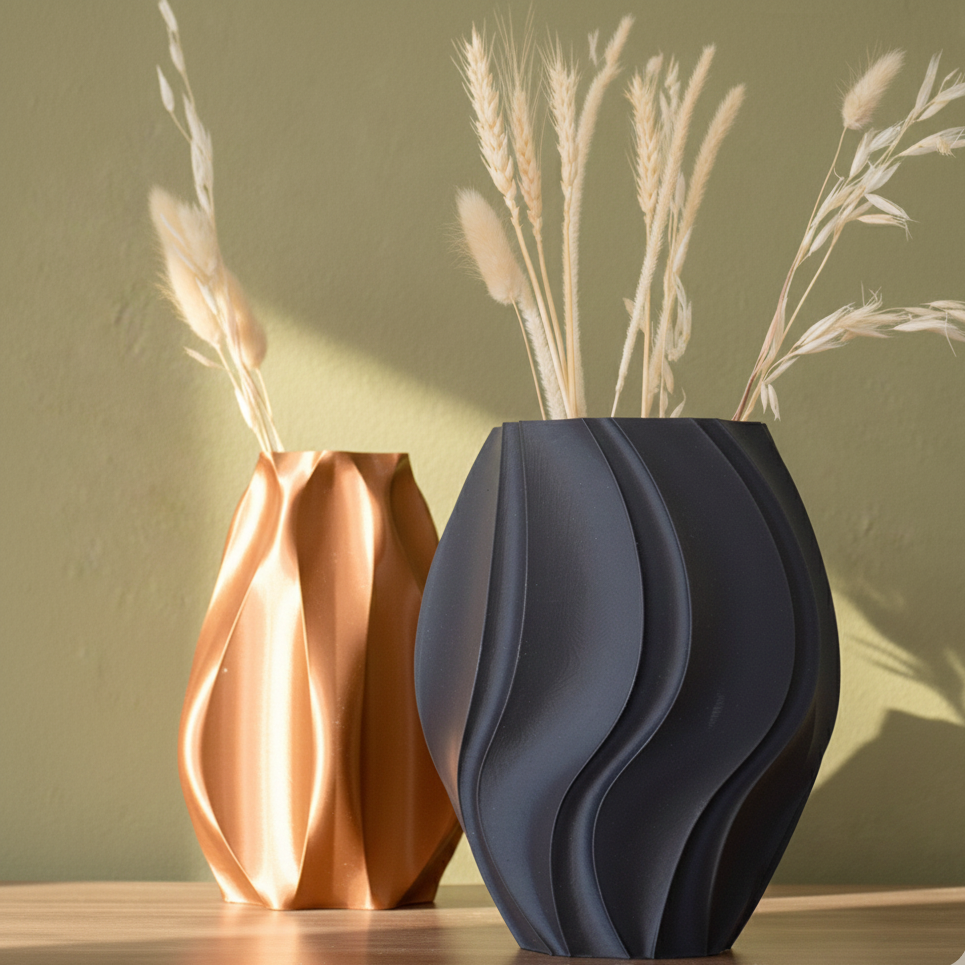 Two decorative vases, one orange and one blue, on a wooden surface with a green wall background.