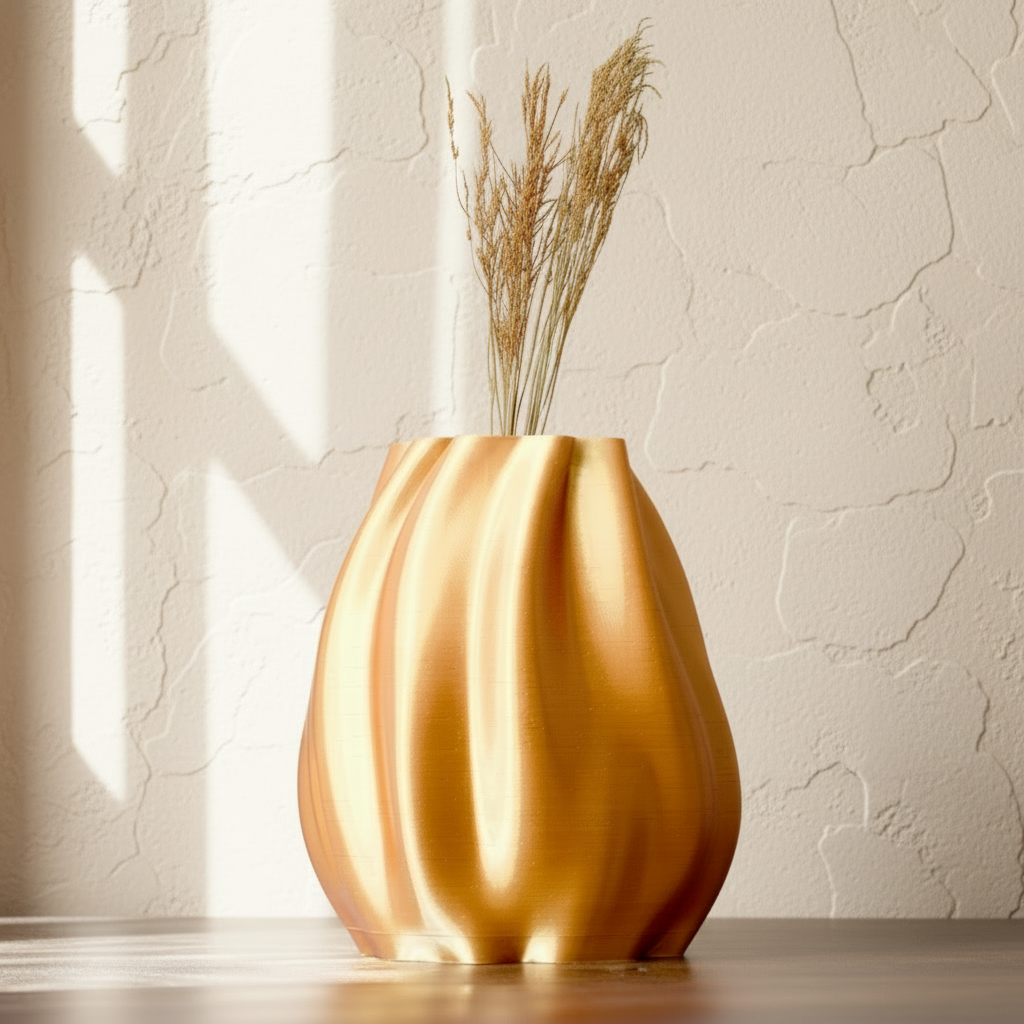 Gold vase with dried plants on a light background